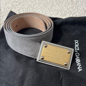 Dolce & Gabbana Gray Suede Belt with Gold Plaque Buckle